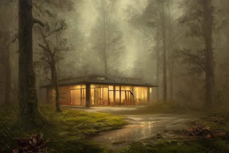 Image similar to a 1 9 5 0 s luminous house in the middle of a dark, gloomy, misty forest enveloped in moss and bark, illustrated by greg rutkowski and gaston bussiere, trending on artstation, intricately defined, complexly detailed, cgsociety contest winner, zbrush, mannerism, 4 k, grim lighting, misty atmosphere