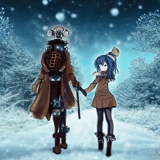 Prompt: anime girl with steampunk weapons and a robotic companion walking though a snowy tundra forest, extremely detailed, anime, anime background, intense, particles, cinematic lighting,