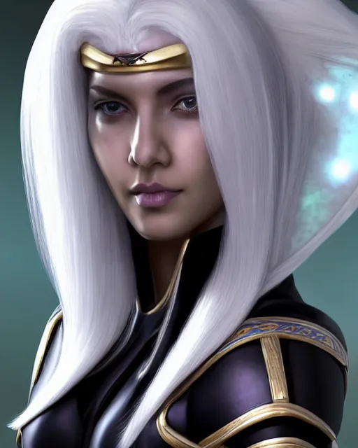 Image similar to perfect white haired attractive egyptian goddess, warframe armor, pharaoh headdress, beautiful, symmetric, dreamy, half asian, pretty face, green eyes, charlize theron, detailed, scifi platform, laboratory, experiment, 4 k, ultra realistic, epic lighting, android body, illuminated, cinematic, masterpiece, art by akihito tsukushi, voidstar