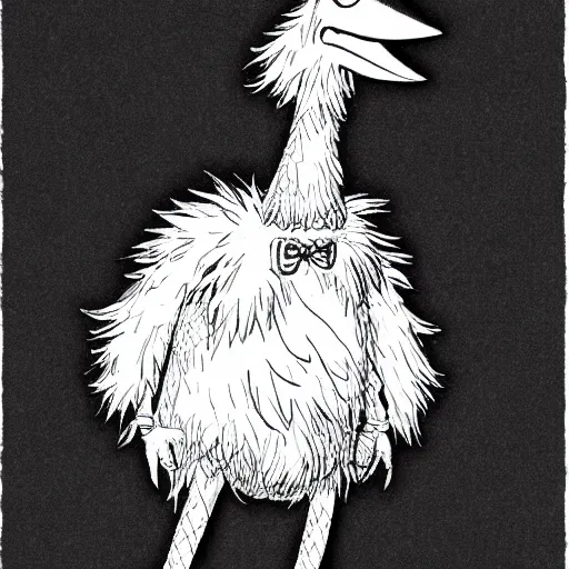 Image similar to big bird from sesame street, style of kentaro miura!!!!, black and white, undead