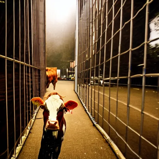 Image similar to cow running from a cage to a light of freedom