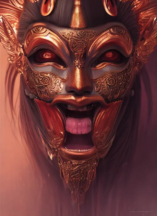 Prompt: a beautiful detailed oil on copper art illustration of a japanese namanari mask devil woman, the mask is broken, centered, by charlie bowater, zeng fanzh, trending on artstation, dim dusk lighting, cinematic lighting, detailed lighting, volumetric lighting, realistic, f 8, 4 k hd wallpaper