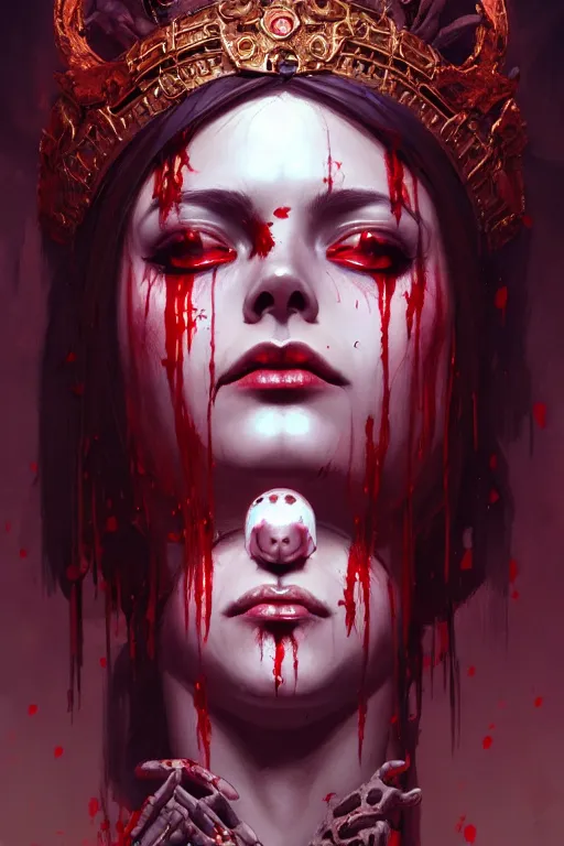 Prompt: extremely beautiful panting of goddess of the realm of the dead, covered with blood, surrounded by skeletons, extremely high detailed face, artstation, by ilya kuvshinov, greg rutkowski and makoto shinkai, trending on artstation