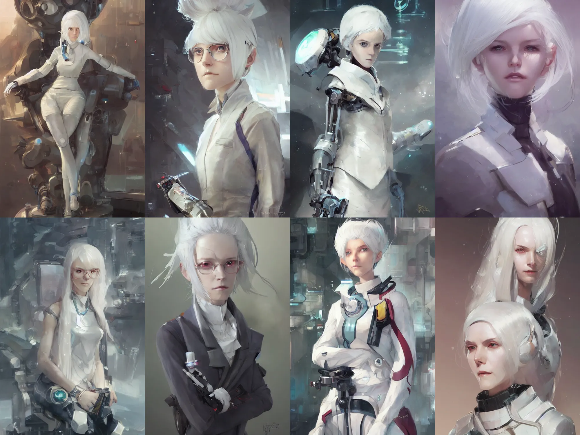 Prompt: a portrait of a white haired robot scientist girl by krenz cushart and stephan martiniere
