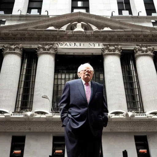 Prompt: warren buffet as a spider standing outside wall street stock exchange, reality, realistic, detailed, 8 k, award winning, wide shot,