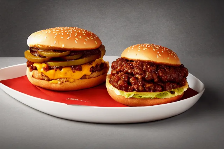 Image similar to mcdonalds baked beans burger, commercial photograph