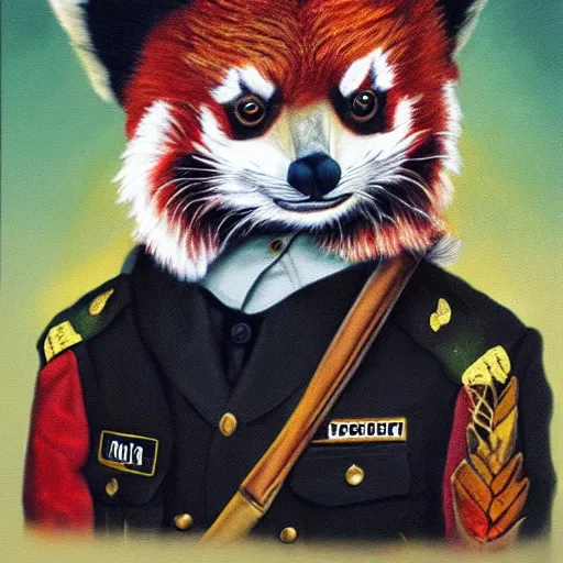 Prompt: oil painting of an anthropomorphic red panda in military uniform, amazing detail