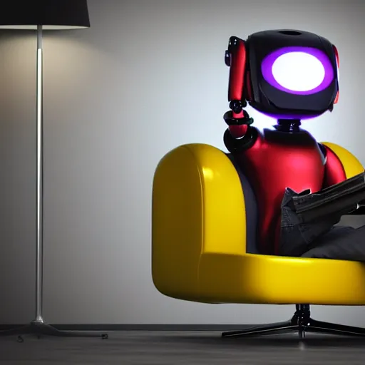 Image similar to futuristic studious matte yellow and red and chrome full-body humanoid robot with two huge round expressive sad purple glowing LED eyes and open rectangular mouth sitting on a large comfortable cushioned 1950s vintage recliner reading a newspaper. open newspaper. Cinematic Movie Photograph, Arri Alexa, Extremely Detailed, smooth, very very clean, 8K, octane render, maya render, unreal engine, trending on artstation, DSLR, excellent composition, center frame