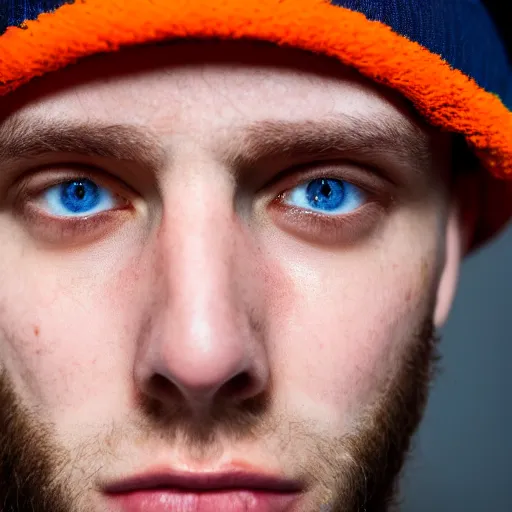 Image similar to close-up a 25 year old man wearing a black winter hat and a orange jail inmate tshirt, inside a underground facility, blue eyes, hideous, side lighting, Jan Kalous, D-55240