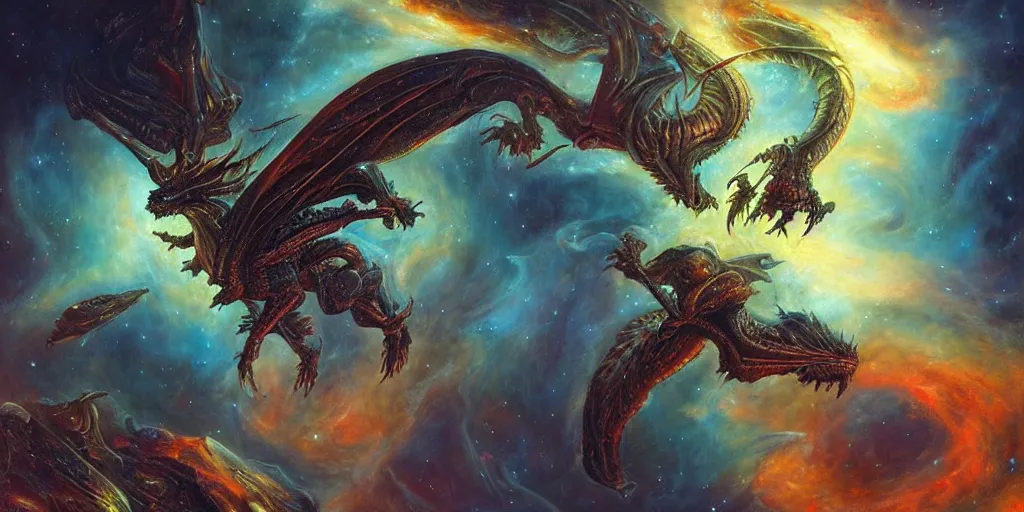 Image similar to an alien dragon flying through outer space, epic nebula, style of dan seagrave art