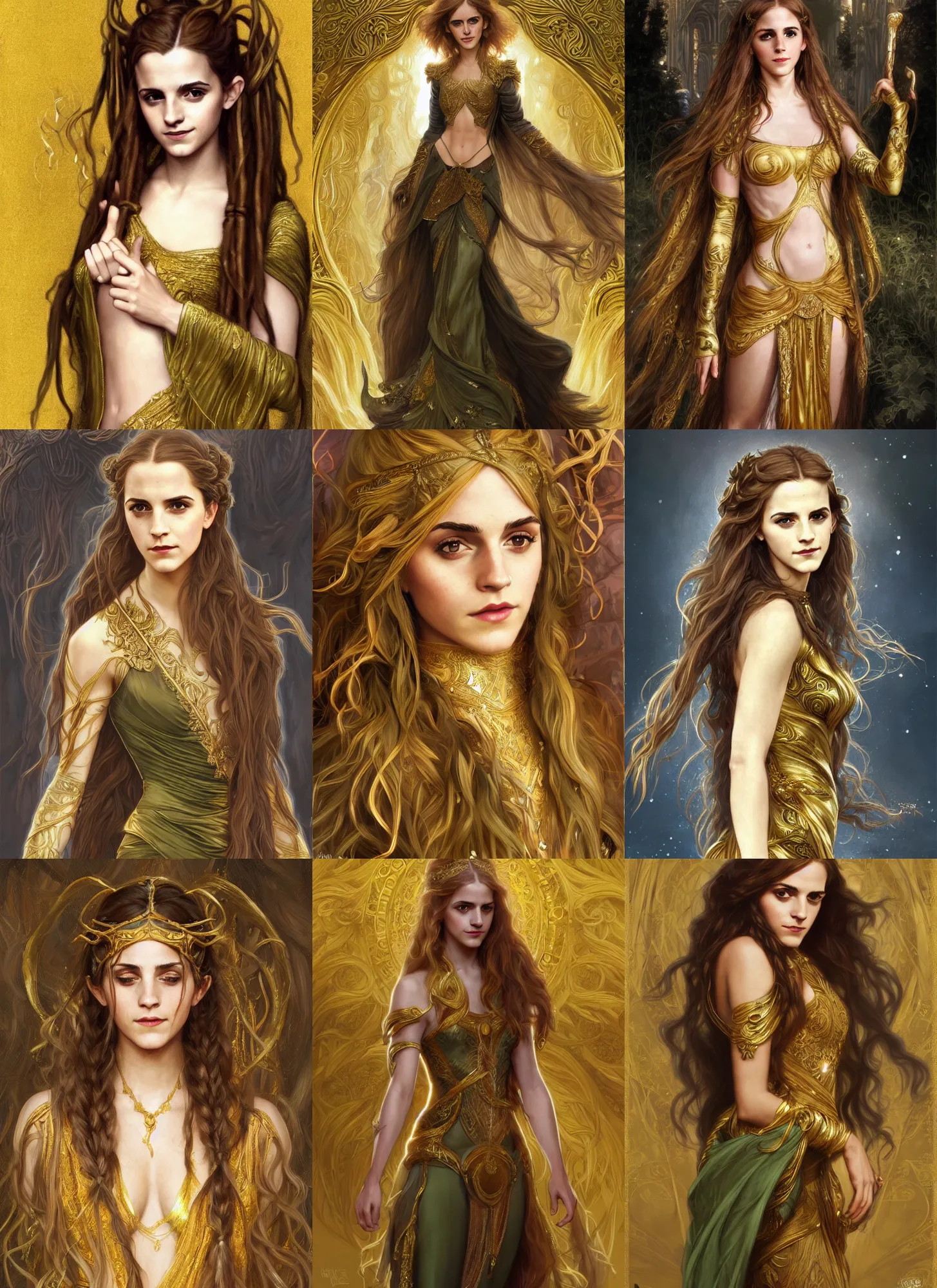 Prompt: olive emma watson as druidess, long dreadlocks, gold cloth, shiny background, intricate, elegant, highly detailed, digital painting, artstation, concept art, smooth, sharp focus, illustration, artgerm, mucha, bouguereau