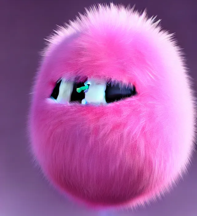 Image similar to high quality 3 d render hyperrealistic very cute big pink little spherical creature, happy, smile, plush mascot, short spiky dense fluffy smooth fur, isometric view, pink fluffy fur, 1 5 0 mm, beautiful natural soft light, rim light, smooth background, artstation, ultra detailed, elegant, ultra detailed, metallic armor, octane render