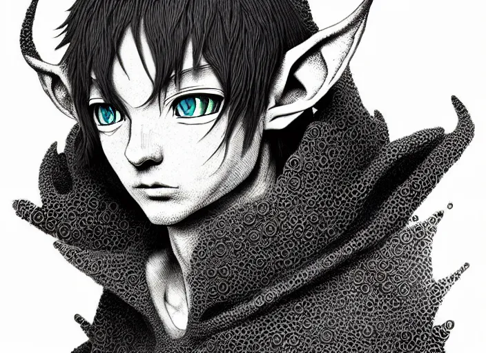 Image similar to anime portrait of a fantasy elf, Mads Berg, Karolis Strautniekas, stippled light, editorial illustration, detailed,fine texture, textured, matte print