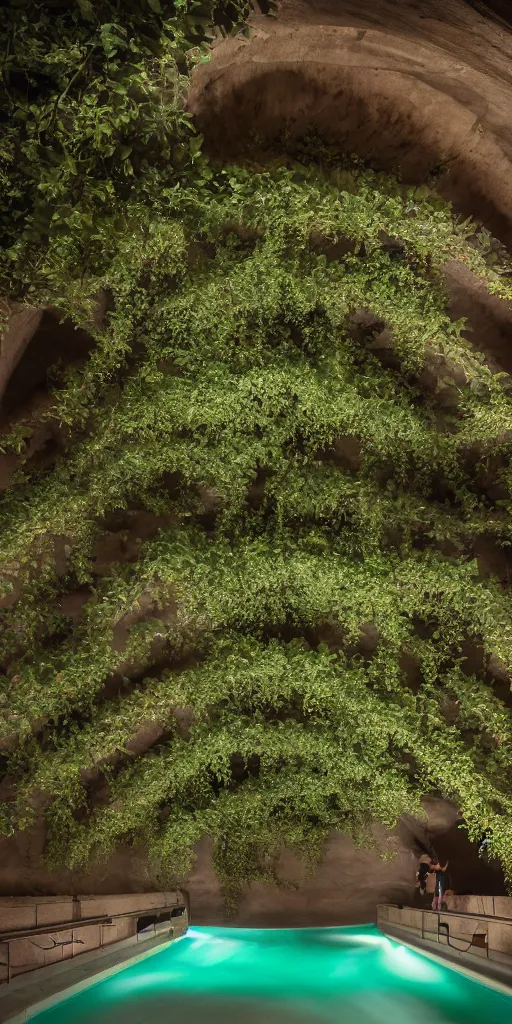 Prompt: photo inside underground arching caverns by andrew kudless. a man swims in a dark green pool covers the floor. architectural photography. 4 k, 8 k. volumetric lighting. dark, somber, moody lighting. structural arch barrel vaults. ivy and many plants hanging from ceiling, weathered concrete.