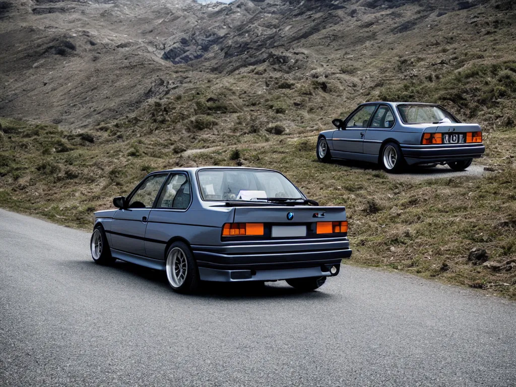 Prompt: a rear shot of a modified bmw e 3 0 with lights on a mountain road, motion blur, 3 5 mm photography, car photography, clean lines, realistic