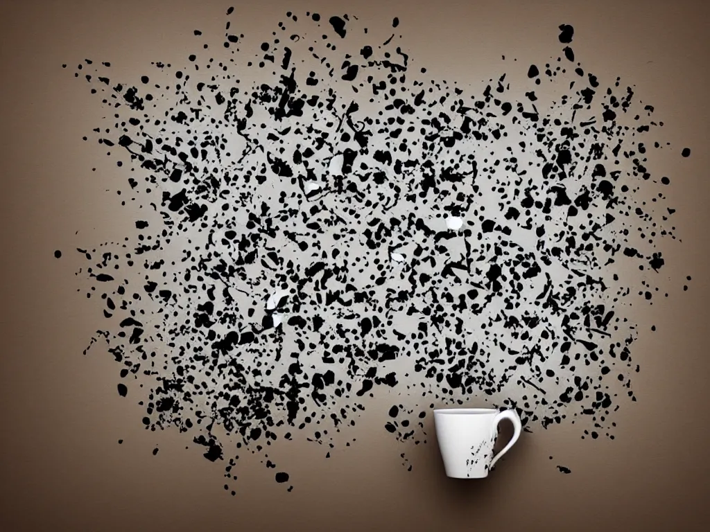 Image similar to 3D art, a coffee cup shattering against a wall