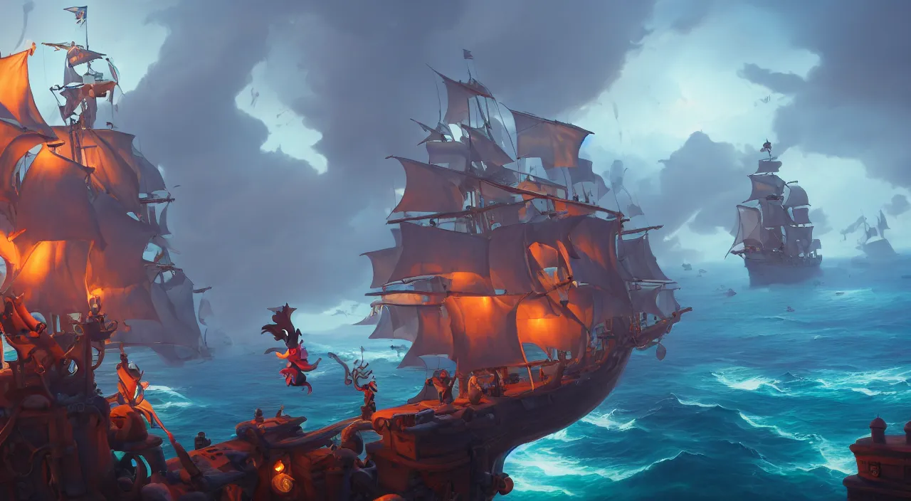 Image similar to a wide shot of a 3d cartoon pirate standing on the front of the ghost ship with the Jolly Roger flag in the middle of the ocean, volumetric lighting, fantasy art overwatch and heartstone, by RHADS, cgsociety, matte painting, artstation hq, octane render, 8k, 3D CGI game art