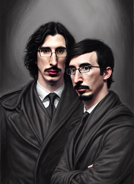 Image similar to a portrait of john oliver and adam driver posing together, stoic, military uniform, fantasy, intricate, elegant, beautiful, highly detailed, charcoal, centered, dark, smokey, digital painting, artstation, concept art, smooth, sharp focus, illustration, art by artgerm and greg rutkowski and alphonse mucha