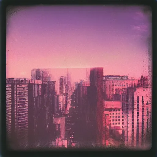 Prompt: polaroid of dream, city, double exposure, chromatic aberration