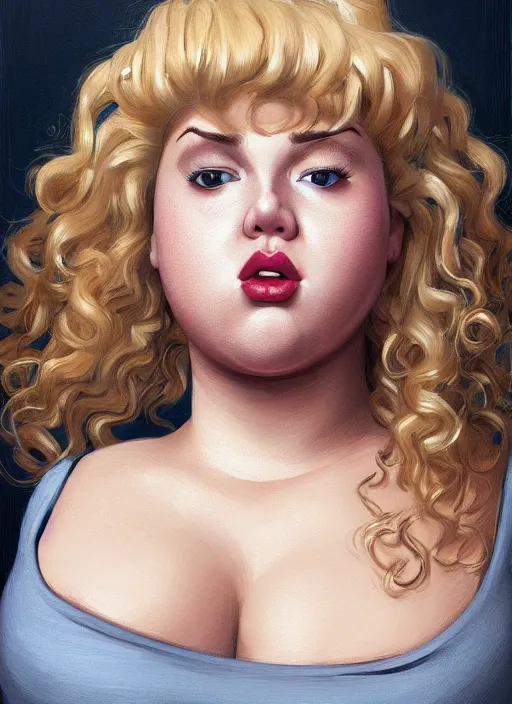 Image similar to full body portrait, teenage betty cooper, blonde hair, obese, bangs, ponytail, sultry, realistic, sultry smirk, fluffy bangs, curly bangs, fat, belly, beautiful girl, intricate, elegant, highly detailed, digital painting, artstation, concept art, smooth, sharp focus, illustration, art by wlop, mars ravelo and greg rutkowski