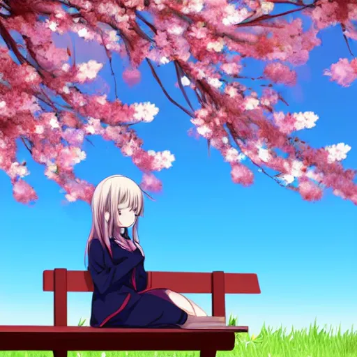 Image similar to anime girl sitting on a bench, highly accurate and proportional, spring time, cherry blossom in the background