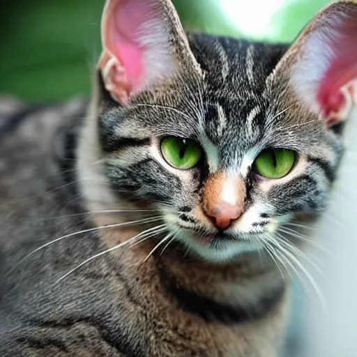 Image similar to cute greyish brown tabby cat mix with (((light green eyes))), white nose bridge, (((pink nose))), slightly weird, mixed with a margay