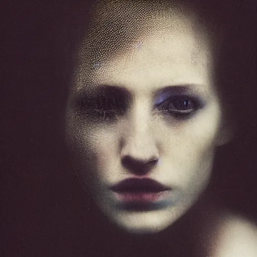 Prompt: a photo portrait of a mysterious eerie shimmering woman in an uncertain world, overtaken by sadness, cinematic, by paolo roversi,