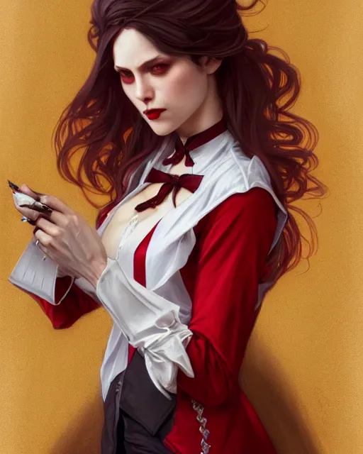 Image similar to female vampire, perfect face, gold waistcoat, red shirt, long grey hair, red necktie, cinematic, stunning, highly detailed, digital painting, artstation, smooth, hard focus, illustration, art by artgerm and greg rutkowski and alphonse mucha