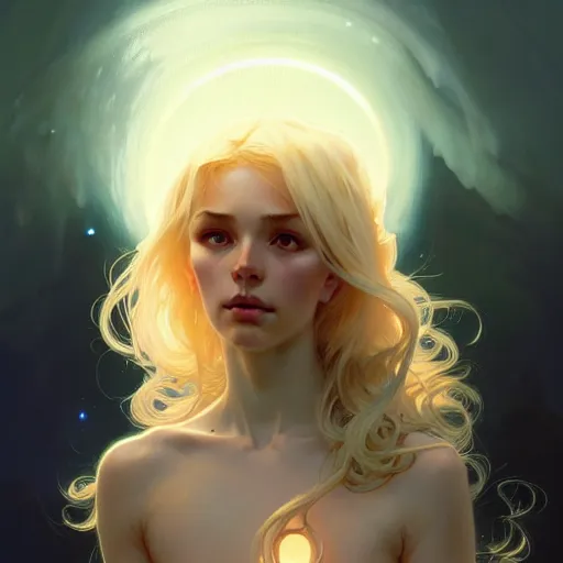 Image similar to A girl with blonde hair and glowing halo, spiritual, ethereal, dramatic lighting, fantasy, intricate, elegant, highly detailed, digital painting, artstation, concept art, smooth, sharp focus, illustration, art by Krenz Cushart and Artem Demura and alphonse mucha