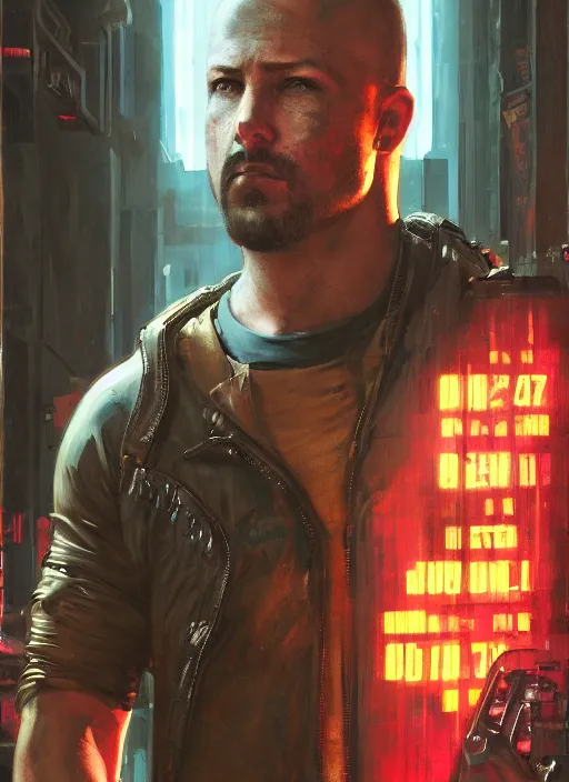 Image similar to dumb meathead. cyberpunk mercenary in a cyberpunk jumpsuit ( blade runner 2 0 4 9, cyberpunk 2 0 7 7 ). orientalist portrait by john william waterhouse and james gurney and theodore ralli and nasreddine dinet, oil on canvas. cinematic, hyper realism, realistic proportions, dramatic lighting, high detail 4 k