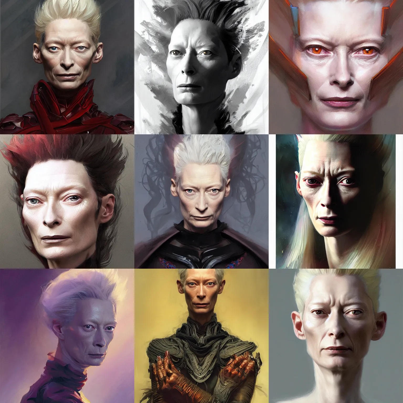 Prompt: portrait tilda swinton, amused, marvel comics, wizard, dark, intricate, highly detailed, smooth, artstation, digital illustration by ruan jia and mandy jurgens and brom and wayne barlowe and greg rutkowski and frank frazetta