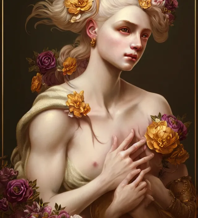 Image similar to baroque portrait of a blonde princess of porceline skin, floral tattoos, cinematic lighting, photorealistic, octane render, 8 k, depth of field, art by artgerm and greg rutkowski and alphonse mucha and uang guangjian