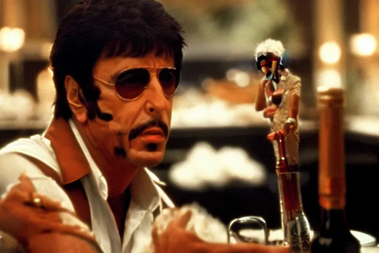 Image similar to tony montana from movie scarface 1 9 8 3 sitting behind a big black oak table with big large packages of flour. long shot. al pacino. perfect symmetric face, coherent eyes, fine details, 4 k, ron cobb, cinestill. last scene from scarface movie