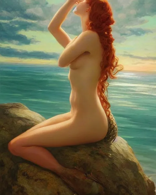 Prompt: a mermaid siting on a rock, climbing her hair with her fingers, oil on canvas, artstation, by j. c. leyendecker and edmund blair leighton and charlie bowater, beautiful face, octane, very aesthetic!!!!!!!!!!!!!!!