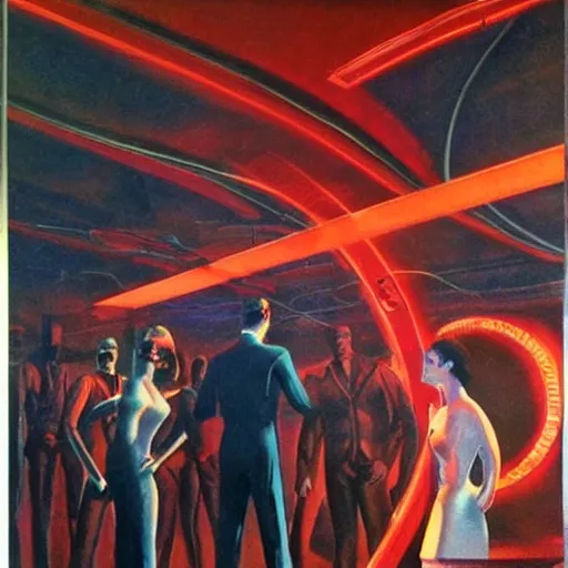 Prompt: man in futurist 6 0 ´ s lab, machines and futurist robots, red lights, boris vallejo style, black suit