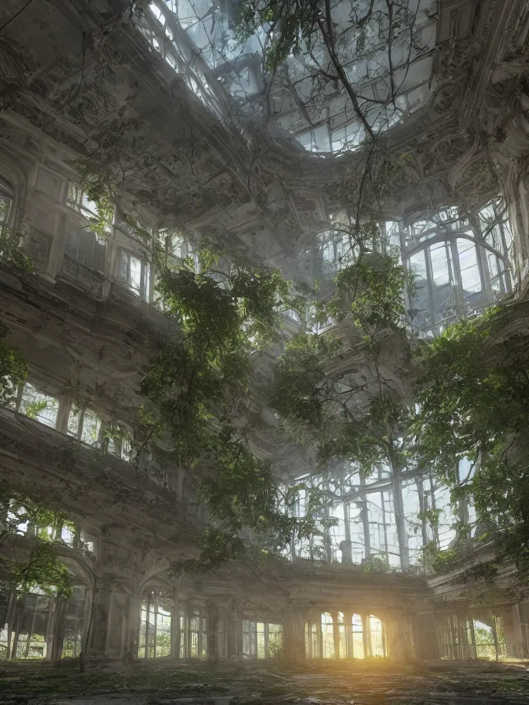 Image similar to a high magnificent abandoned building, surrounded by lush green vegetation, stunning volumetric lighting, sunset, solid concrete, stunning skies, trending on Artstation, 8k, photorealistic, hyper detailed, unreal engine 5, IMAX quality, cinematic, epic lighting, in the style of DOOM and Quake and Le Corbusier and Greg Rutkowski