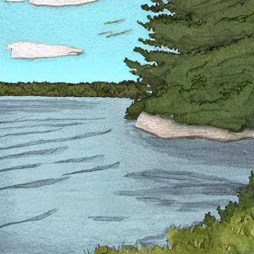 Image similar to shore of the Bruce Peninsula on an overcast day, looking out on the lake from the shore, beautiful illustration