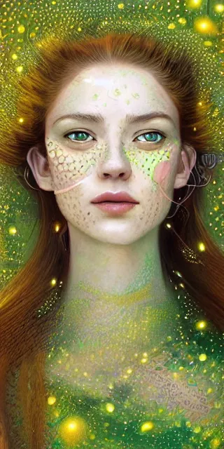 Image similar to fit woman, serene smile surrounded by golden firefly lights, amidst nature fully covered by a intricate detailed dress, long red hair, precise linework, accurate green eyes, small nose with freckles, smooth oval shape face, empathic, expressive emotions, spiritual scene, hyper realistic ultrafine art by artemisia gentileschi, jessica rossier, boris vallejo