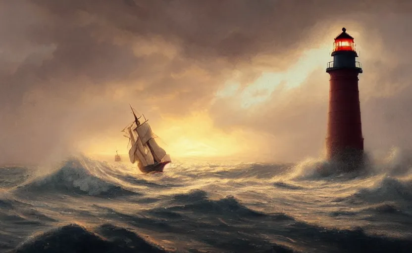 Image similar to painting of a sailing ship in a horrible stormwith big waves, lighthouse at sunset, natural light, concept art, by greg rutkowski, cozy atmospheric and cinematic lighting