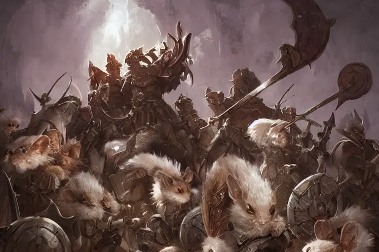 Prompt: dungeons and dragons fantasy painting, close order phalanx of mice spartans, 3 0 0, whimsical and cute, determined expressions, watery eyes, anime inspired, white fur, tufty whiskers, steel blades, dawn lighting, by brain froud jessica rossier and greg rutkowski
