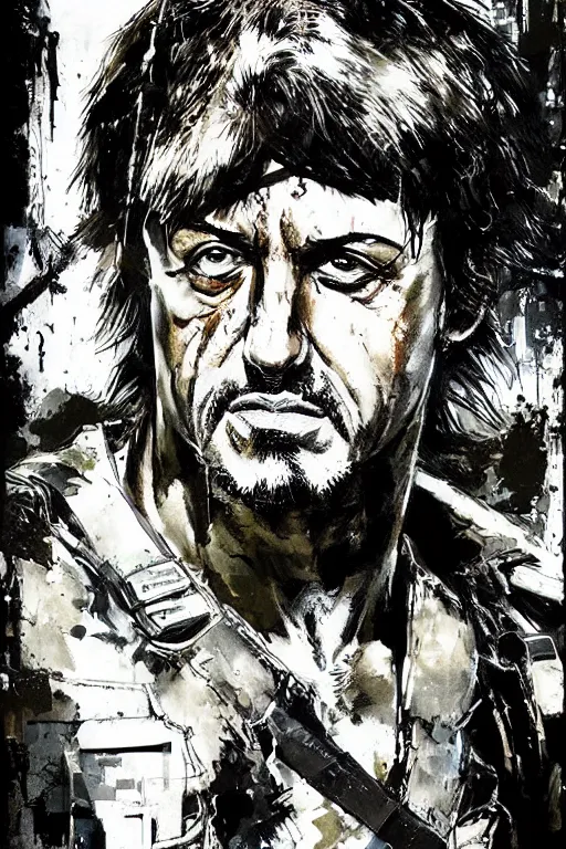 Image similar to a portrait of Stallone as Rambo by Yoji Shinkawa and Ashley Wood