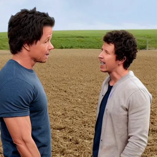 Image similar to mark wahlberg and andy samberg talking to farm animals