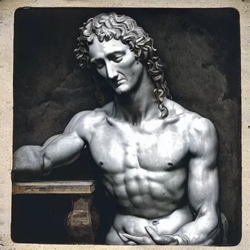 Prompt: “1800s era photograph of Michelangelo sculpting Matthew McConaughey as David, hyperrealistic, hd, faded, cracked, stained”