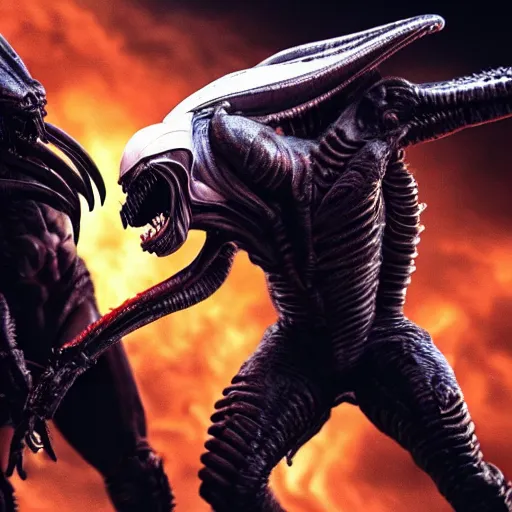 Prompt: portrait of a xenomorph roaring at a predator which has a weapon drawn. movie poster. photo 8 k.