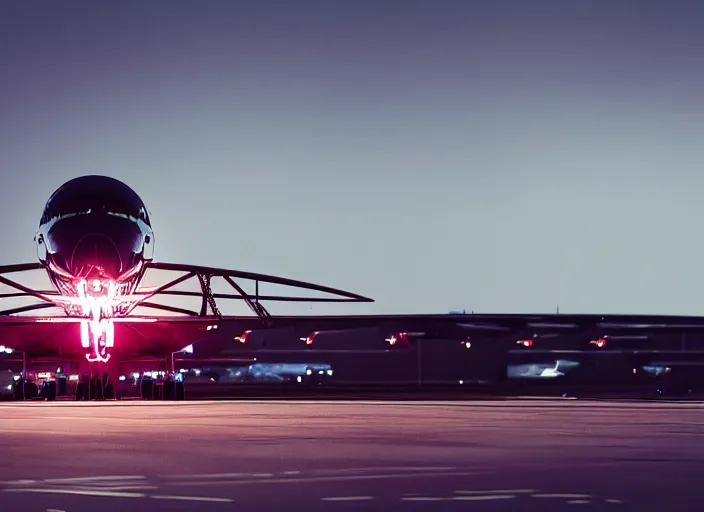 Image similar to immense futuristic jet plane arrives at runway of cyberpunk airport at night ,cinematic lighting