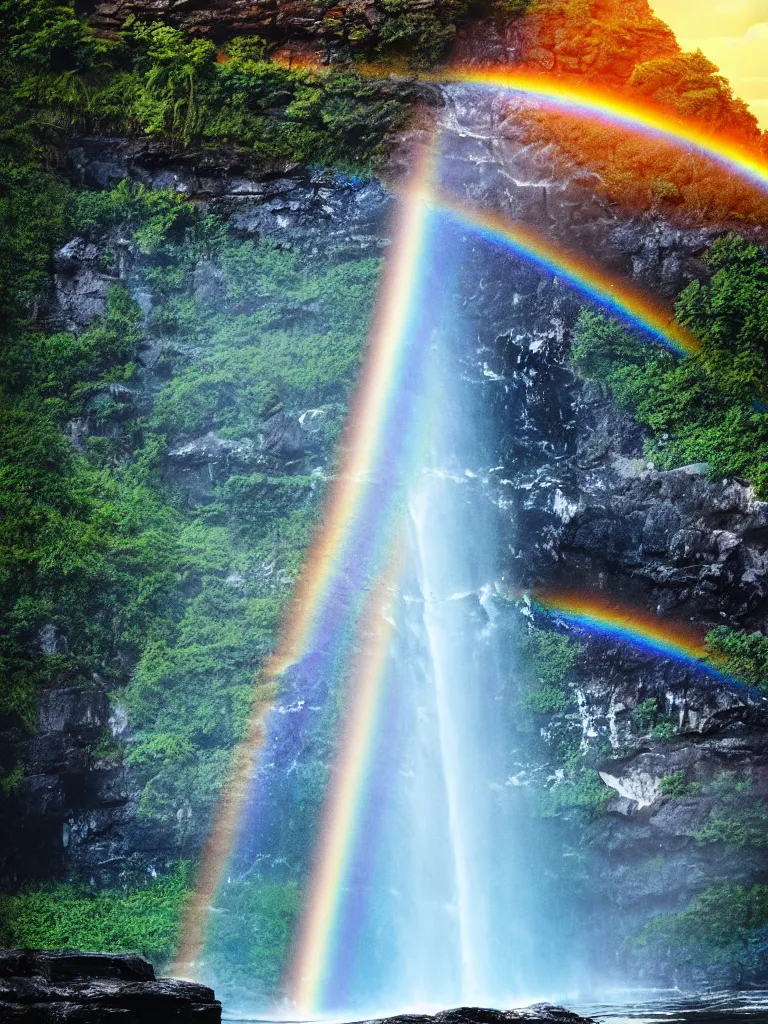 Image similar to poster art of waterfall cascading onto rocks, small rainbow emerging in background, ethereal, beautiful scenery, intricately meticulously detailed, amazing, glitter, 8 k render octane high definition