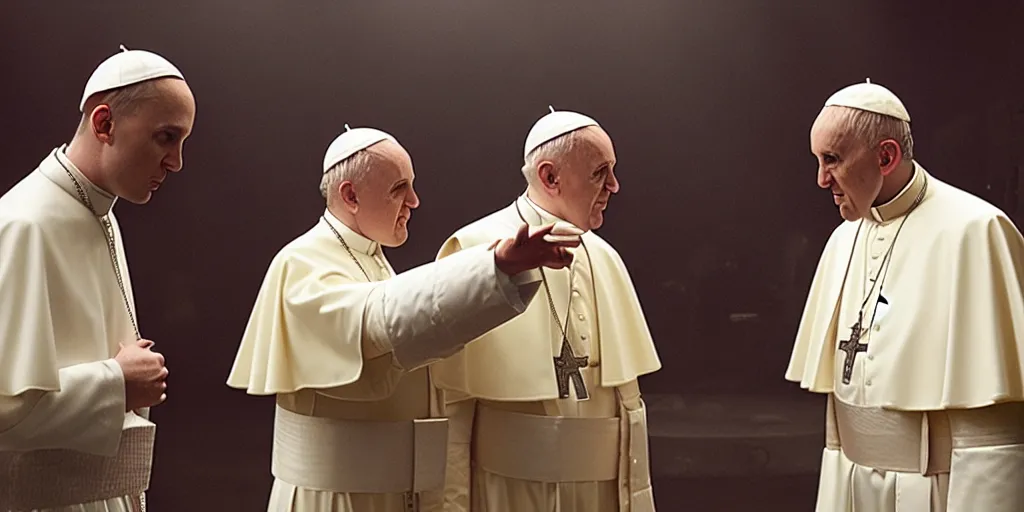 Image similar to film frame of the pope and eminem doing a rap freestyle 4 k quality rule of thirds eminem's face detail cinematic color grading by christopher nolan