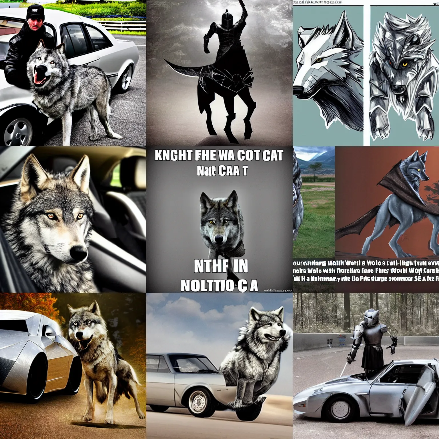 Prompt: knight = wolf > in a car