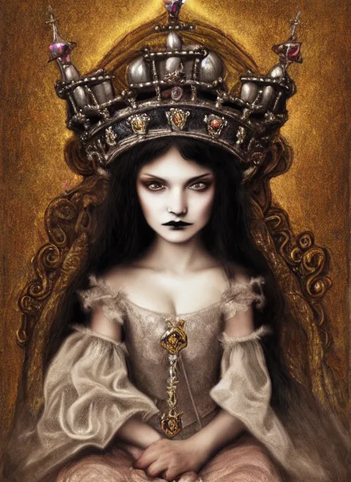 Image similar to highly detailed closeup portrait of a goth medieval princess wearing a crown and sitting on a throne, nicoletta ceccoli, mark ryden, lostfish, global illumination, god rays, detailed and intricate environment