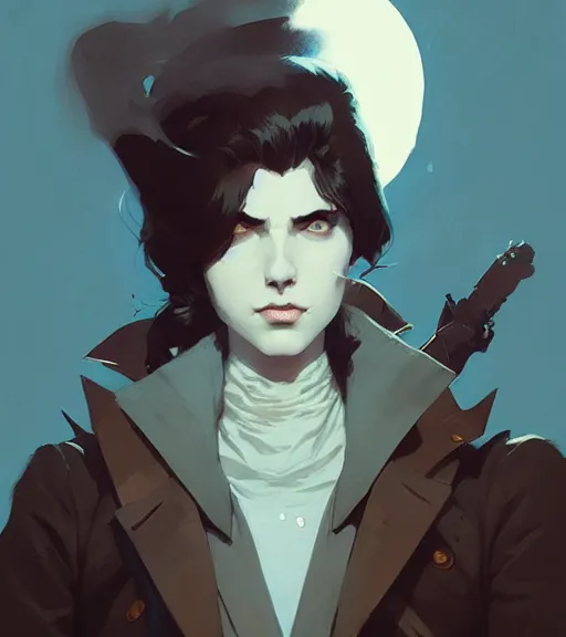 Image similar to portrait of a vampire hunter by atey ghailan, by greg rutkowski, by greg tocchini, by james gilleard, by joe fenton, by kaethe butcher, dynamic lighting, gradient light blue, brown, blonde cream and white color scheme, grunge aesthetic